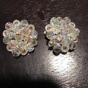 Vintage Signed Germany, AB Crystal Cluster Clip On Earrings
